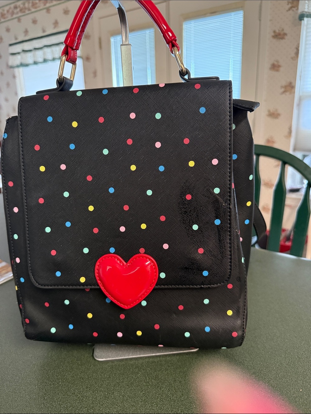 Black Polka Dot Backpack with Red Heart Accent
